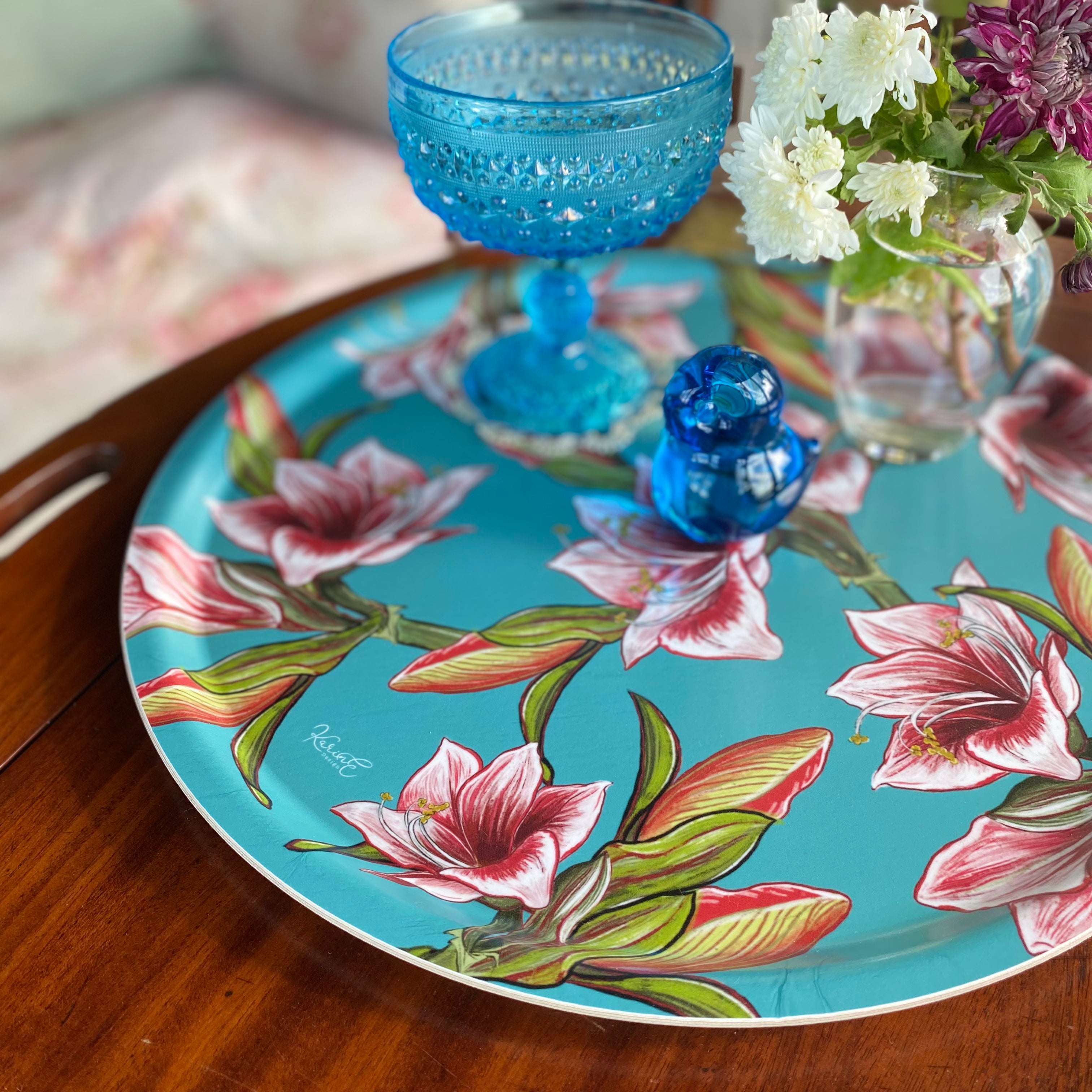 Amaryllis - vassoio rotondo, pattern fiorito, turchese, 38 cm diametro