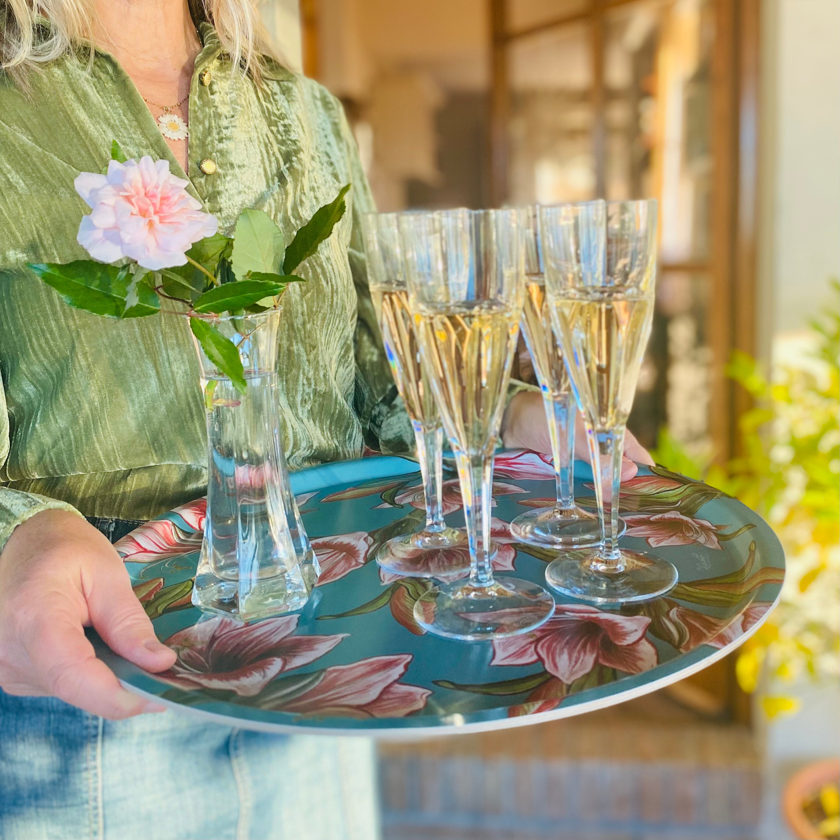 Amaryllis - vassoio rotondo, pattern fiorito, turchese, 38 cm diametro