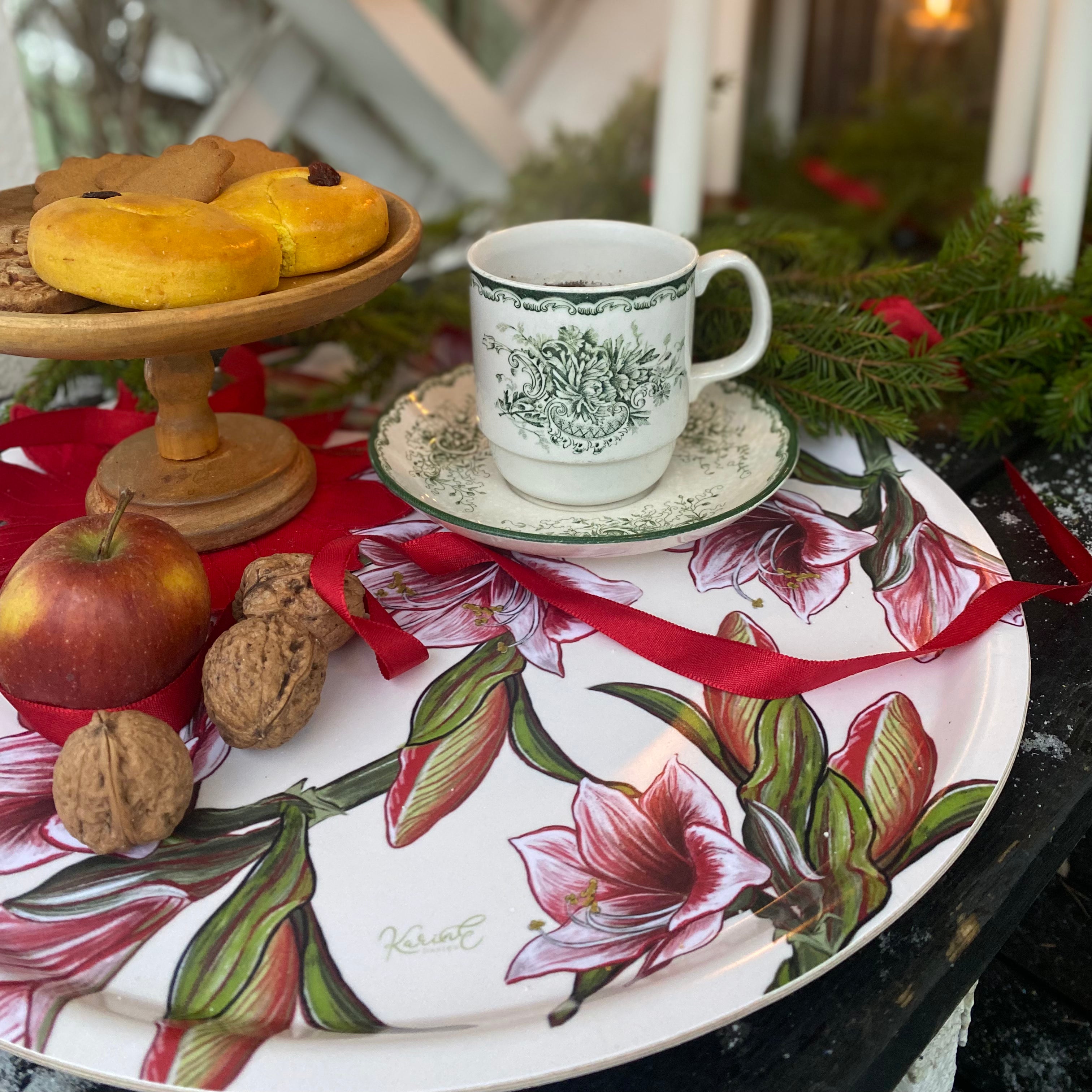 Amaryllis - vassoio rotondo, pattern fiorito, bianco panna, 38 cm diametro