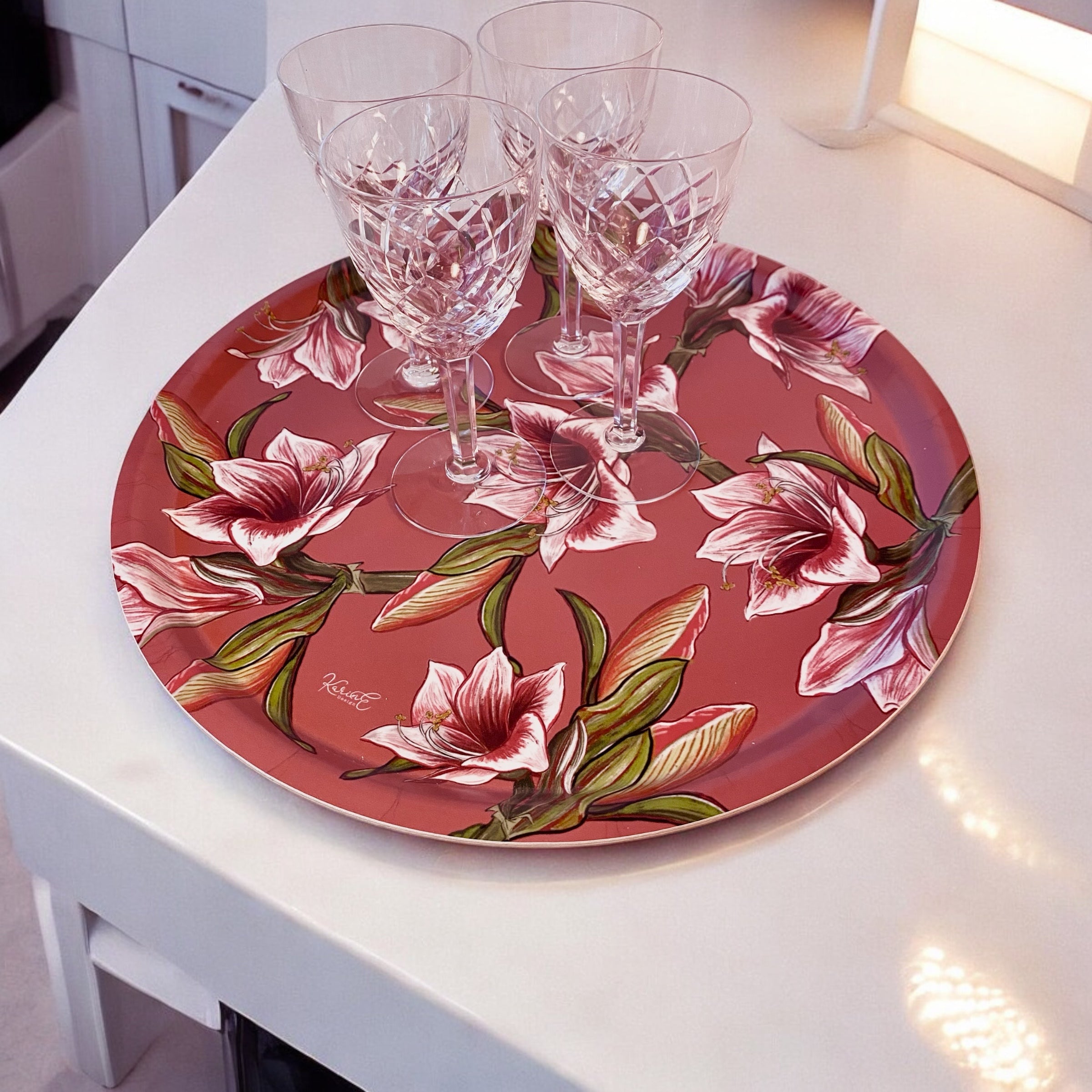 Amaryllis - vassoio rotondo, pattern fiorito, rosa antico, 38 cm diametro