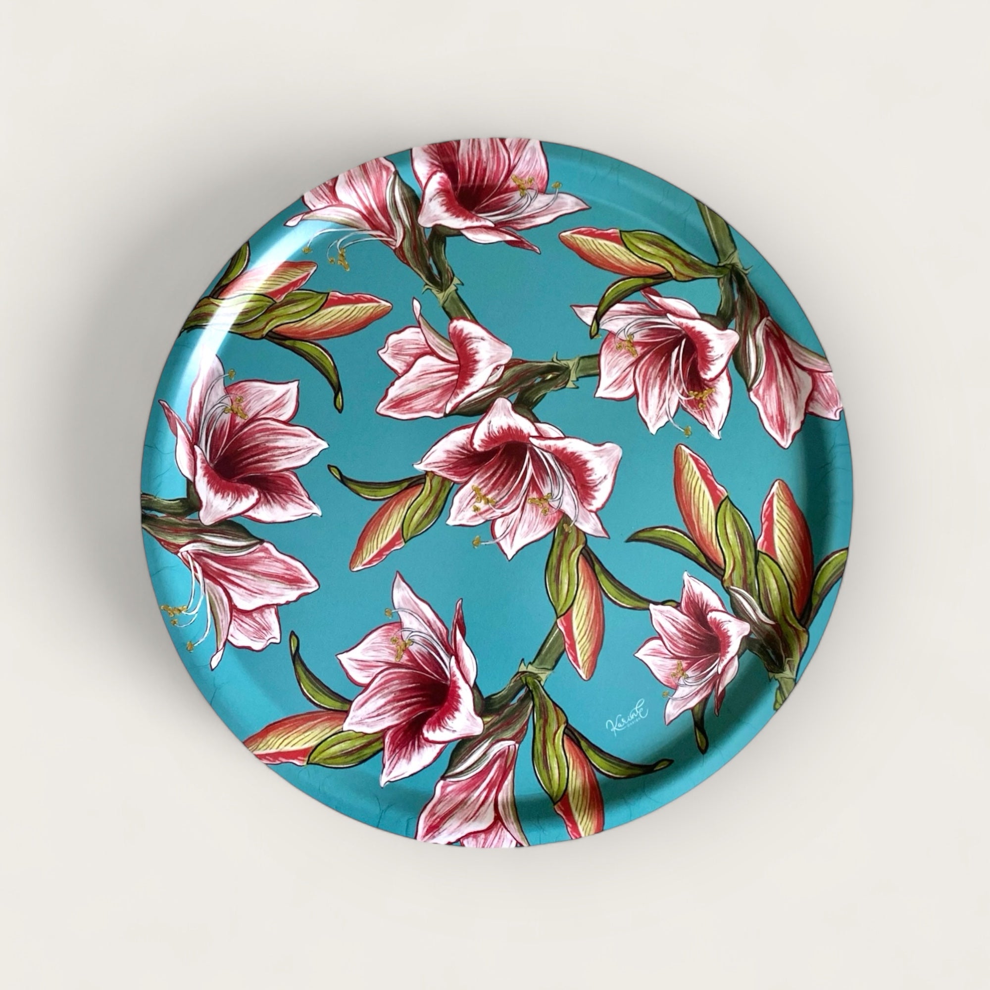 Amaryllis - vassoio rotondo, pattern fiorito, turchese, 38 cm diametro