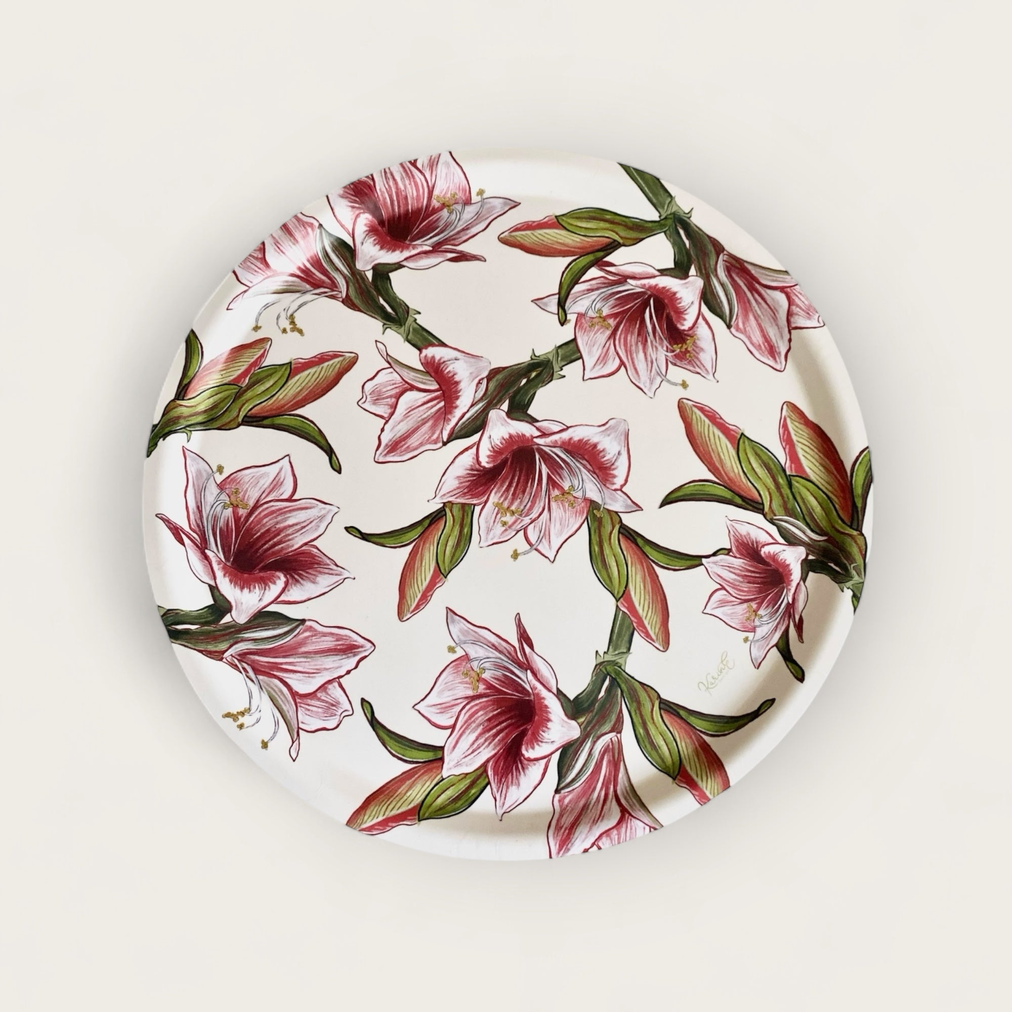 Amaryllis - vassoio rotondo, pattern fiorito, bianco panna, 38 cm diametro