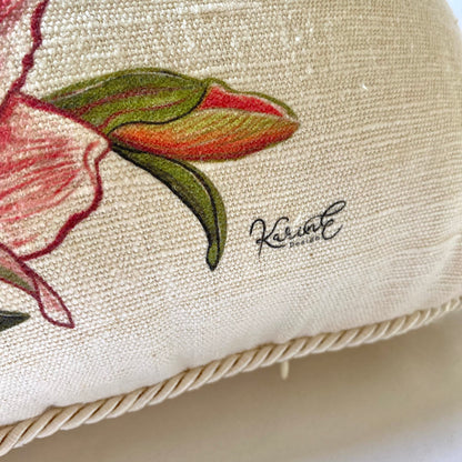 Amaryllis flower - cushion with pearl white trimmings, 100% hemp, 40x40 cm - Limited Edition