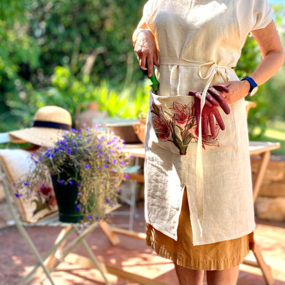 Amaryllis flower - kitchen apron, 100% hemp - Limited Edition