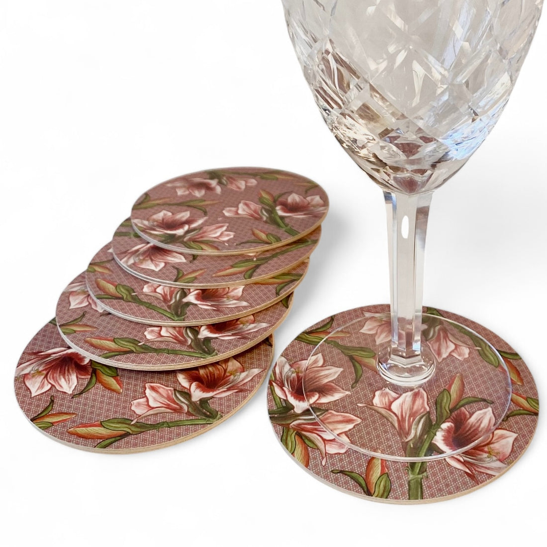 Amaryllis - set di sottobicchieri, pattern fiorito, rosa antico, 9 cm diametro