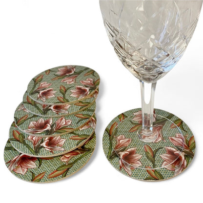 Amaryllis - set di sottobicchiere, pattern fiorito, verde, 9 cm diametro