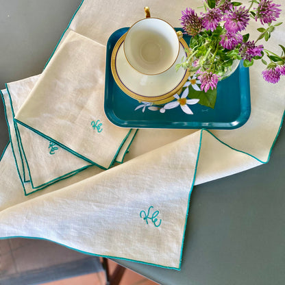 Runner and napkin set, plain cotton with embroidery, 45x130 cm - NEW