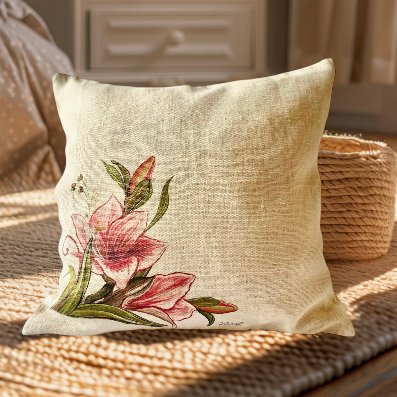 Amaryllis flower - cushion cover, 100% hemp, 40x40 cm - Limited edition