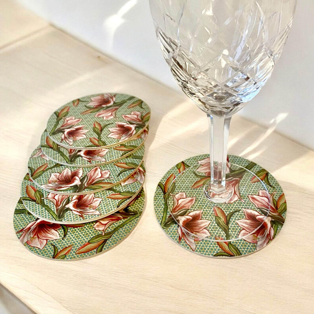 Amaryllis - set di sottobicchiere, pattern fiorito, verde, 9 cm diametro