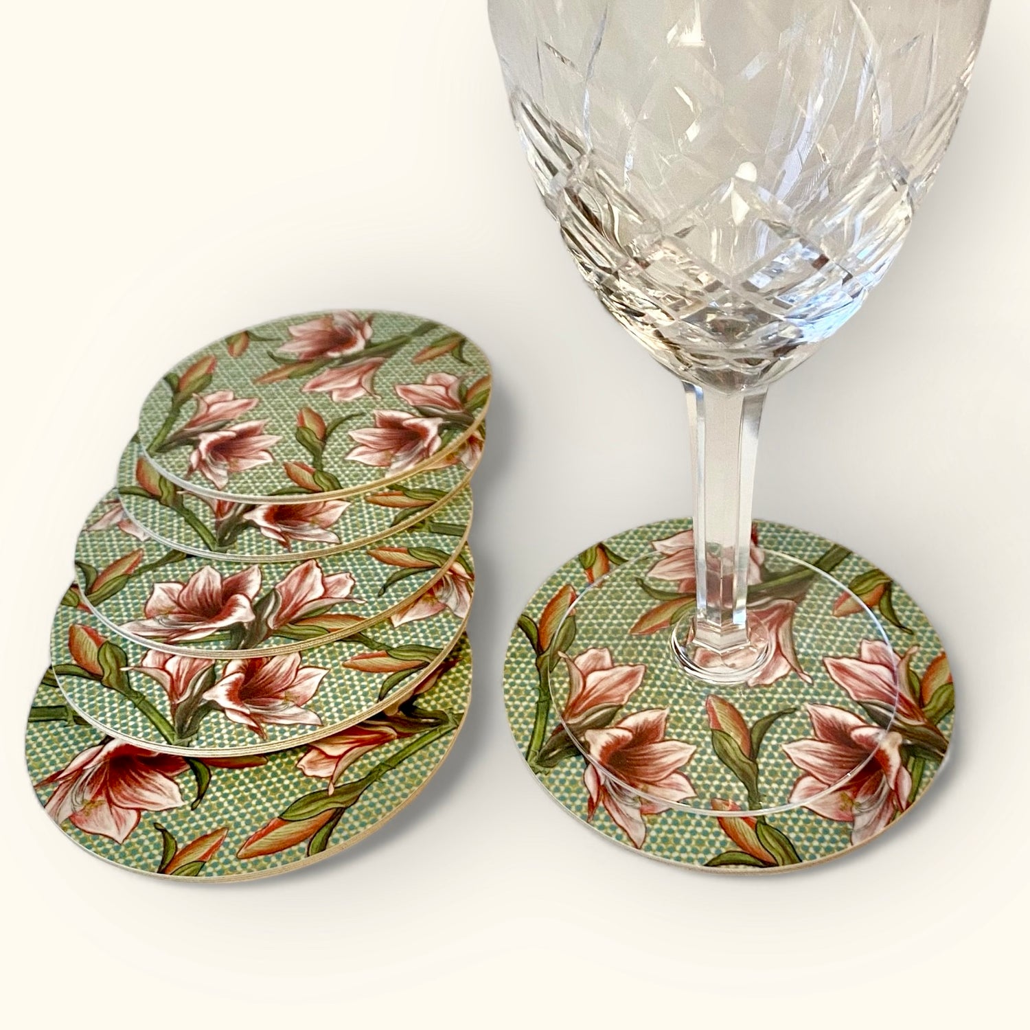 Amaryllis - set di sottobicchiere, pattern fiorito, verde, 9 cm diametro